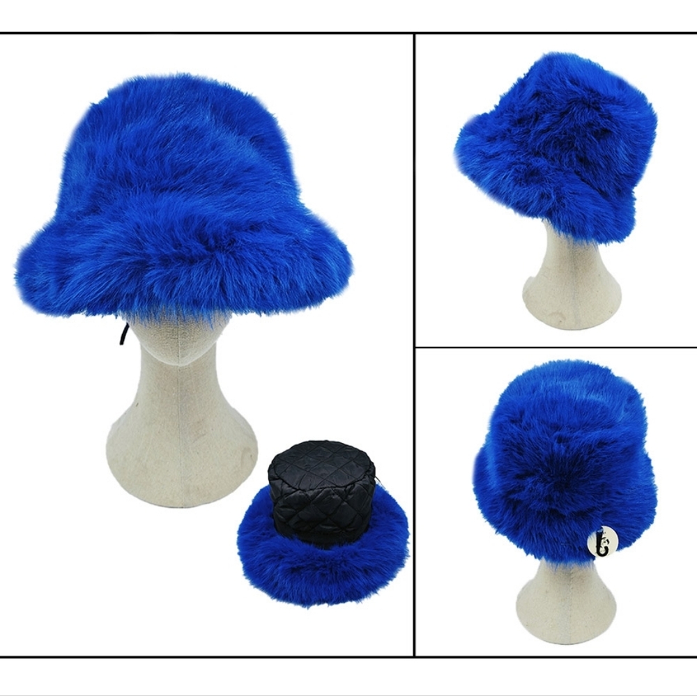Royal Blue Winter Fluffy Fur Bucket Hat Trendy Fashion Accessory